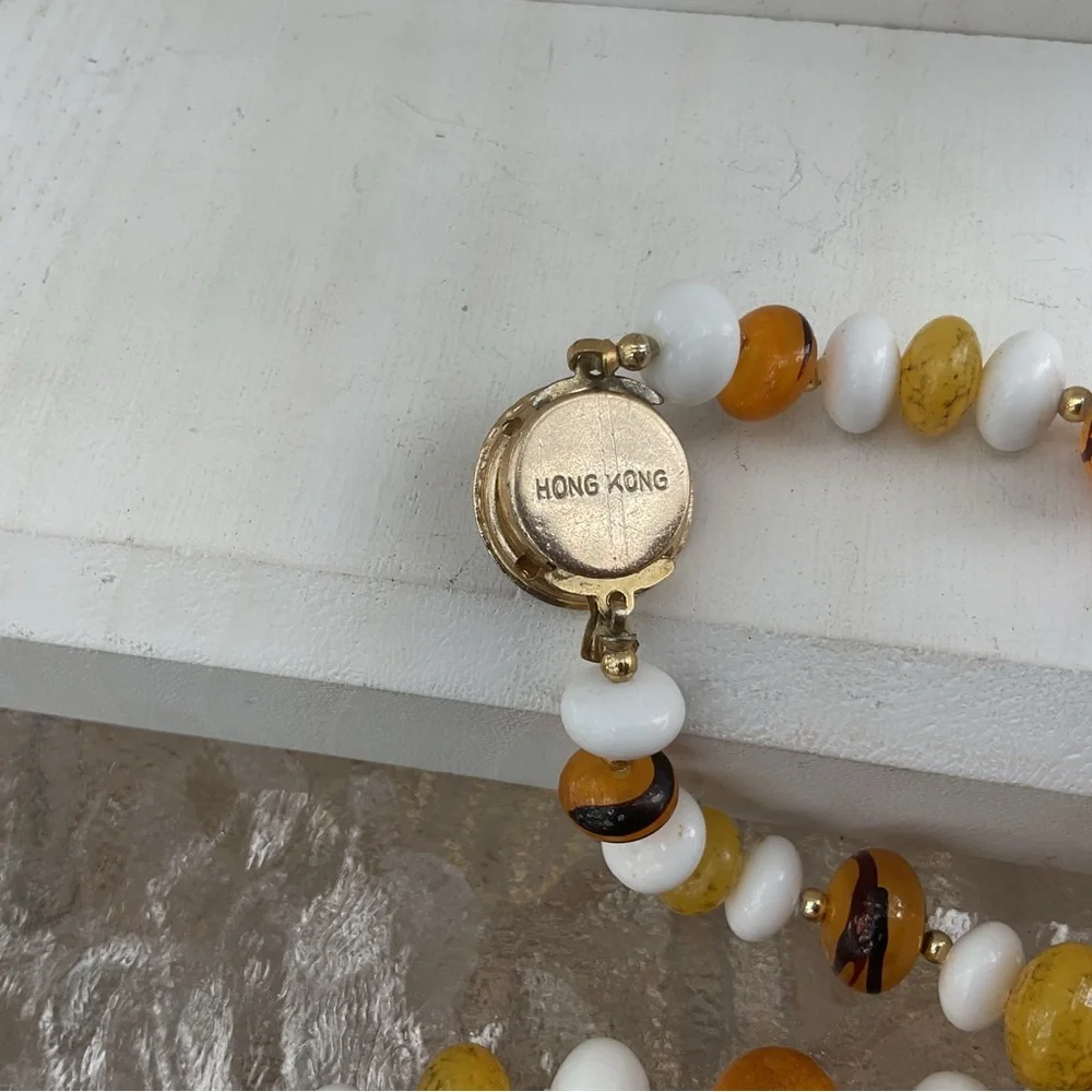 White Yellow bead necklace acrylic beads 34” long made Hong Kong vintage